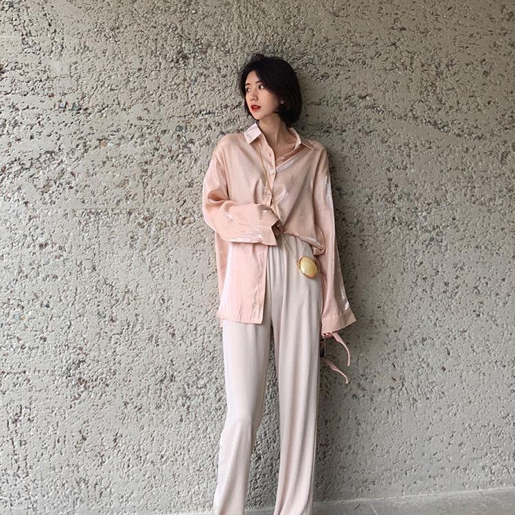 Women's Spring Autumn Shiny Shirts Large Size Vintage Lapel Mid-length Blouses Casual Loose Long Sleeve Shirts