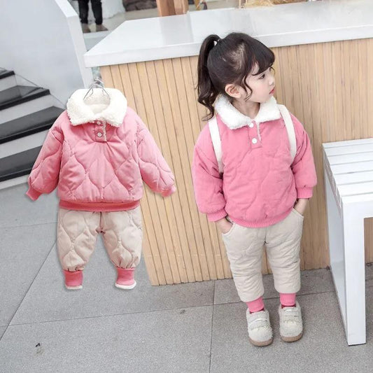 Girls' Winter Cotton-padded Clothes Suit Tide Baby Plus Velvet Thickening Two-piece Suit Children's Children's Western Style Cotton-padded Clothes