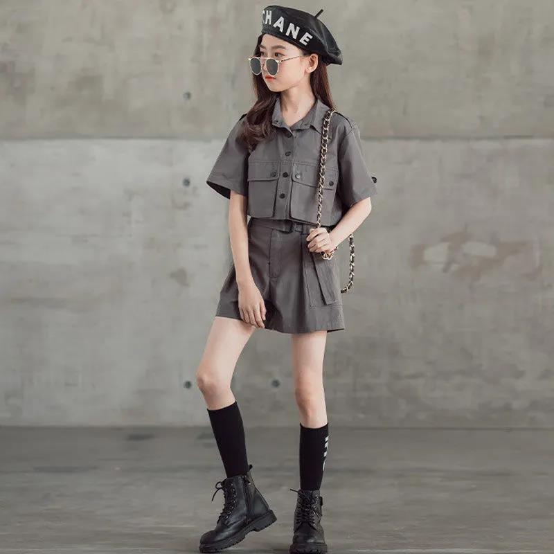 Girls Personality Suit Fashion Trend Heavy Tooling Short-sleeved Two-piece Suit Western Style Parent-child Summer