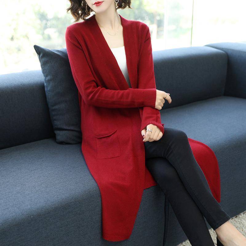 Spring and Autumn Long Knitted Jacket Loose Over The Knee All-match Jacket Fashion Solid Color Female Top