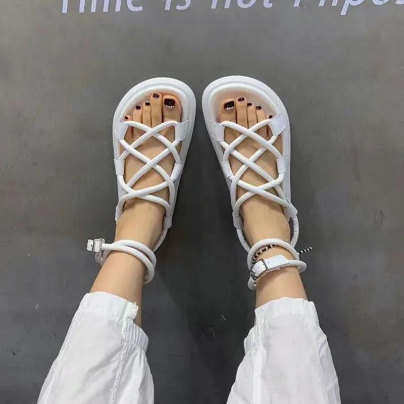 European Roman Sandals Women's Summer Leather Flat Casual All-match Beach Foot Ring Strap Sandals
