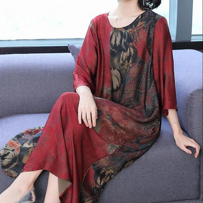 Chinese Style L-XXXXXL Women's Summer Dress Middle-aged 3/4 Sleeve Round Neck Printing Length to calf Daily Wear Homewear