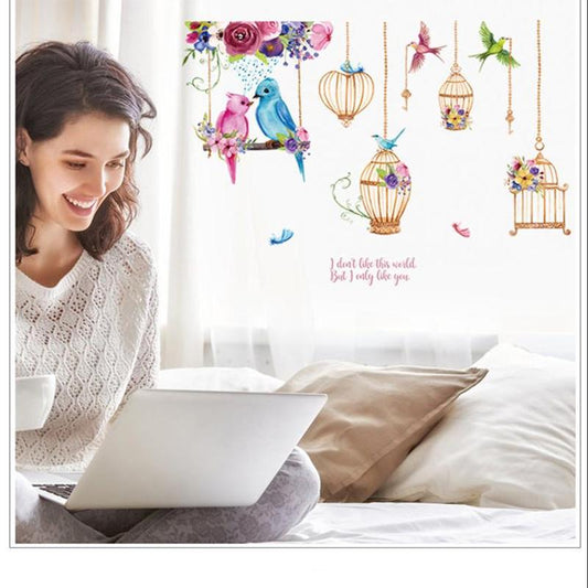 Color Flower Bird Cage Wall Stickers Removable I Like You Romantic Wallpaper