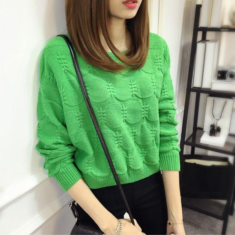 Short Loose Sweater Women Black White Long Lantern Sleeve Pullover O Neck Casual Sweet Cute Office Knit Crop Sweater