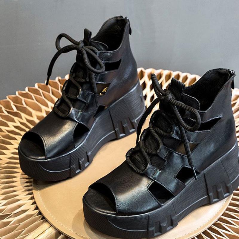 Summer Hollow Sandals  Slope-heel Platform Sandals  Fish Mouth Lace-up High-heeled Soft Leather Ethnic Roman Women’s Shoes