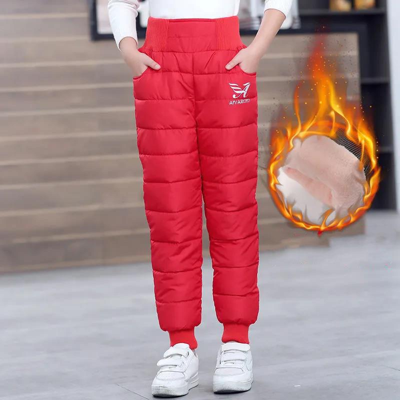 Down Pants Warm Thicken Boys Girls Winter Plus Velvet Children High Waist Trousers Ski Down Padded Pants