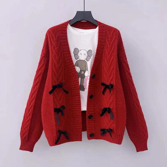 Autumn Korean Loose Bow Knot Twist College Wind Knit Sweater Student Sweater Cardigan Jacket Women