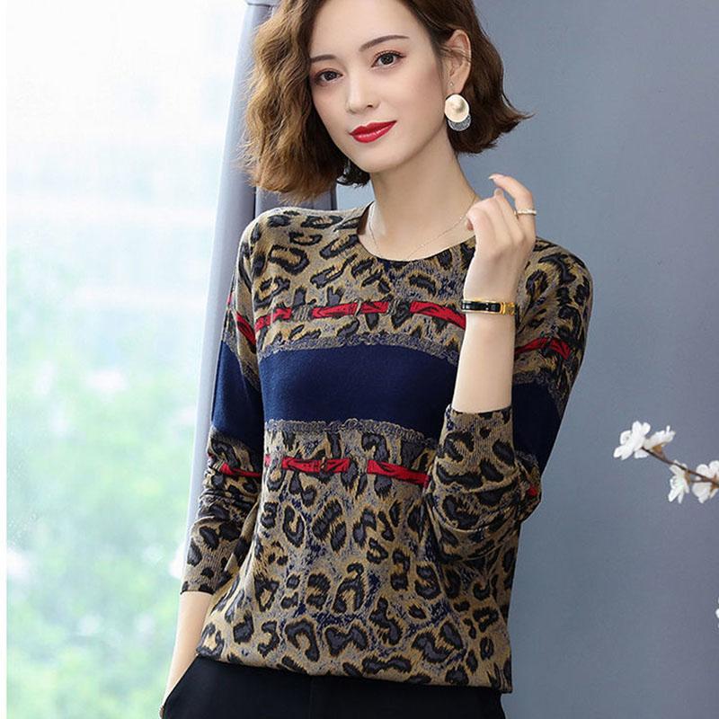 Vintage  Leopard Sweater Female Ethnic Style Print High-end Cashmere Sweater Fashion Pullover Woolen Sweater Outwear