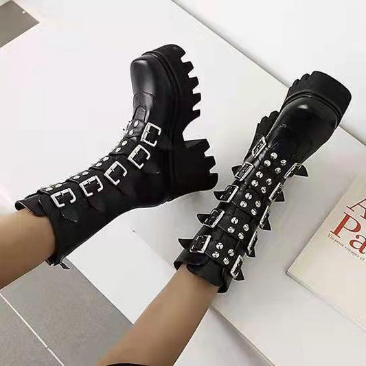 European and American Big Head Martin Boots Female Punk Rock Platform High Heel Shoes Short Handsome Back Zipper Large Size Stage Boots
