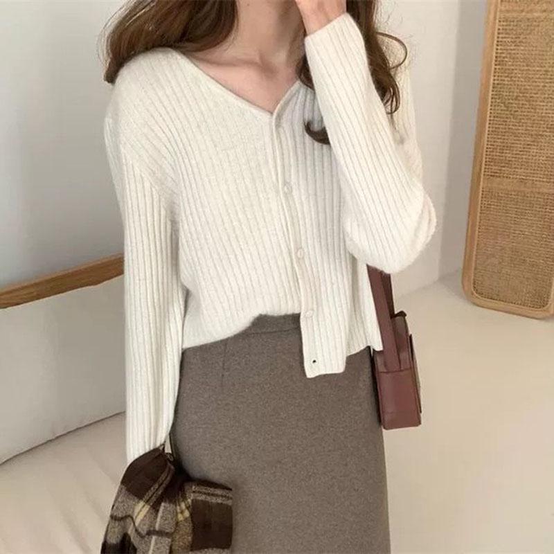 Autumn and Winter Cardigan Sweater European and American Style V-neck Blouse Long Sleeve Pure Color Youth Female Jacket