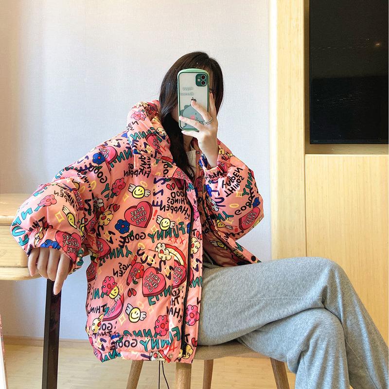 Women's Printed Short Down Jacket Winter Korean Style Loose Quilted Jacket Casual Stand-up Collar Hooded Padded Jacket Quilted Jacket