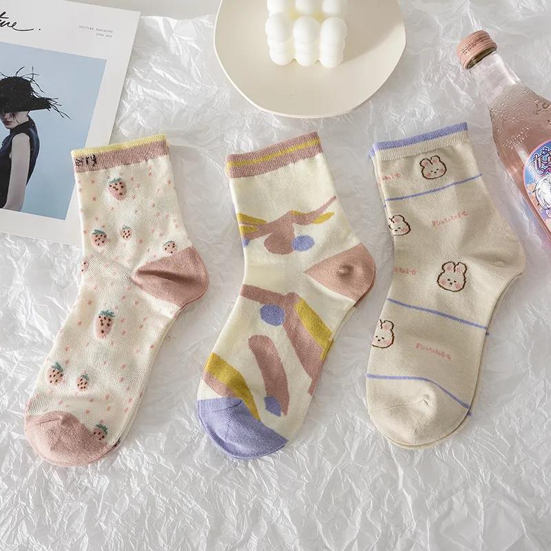 Three Pairs of Women's Socks Fashion Print Cartoon Pattern Socks Winter Thick Pile Pile Socks