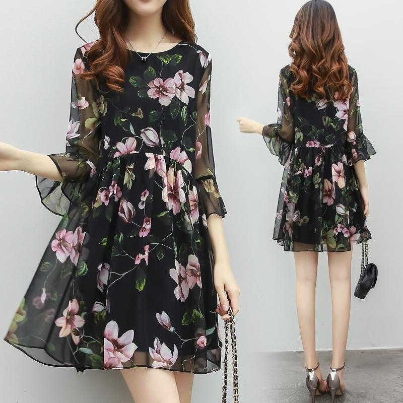 S-XXXXXL Chiffon Dress Loose Large Size Round Neck Flared Short Sleeve Summer Middle-aged Women's Dress