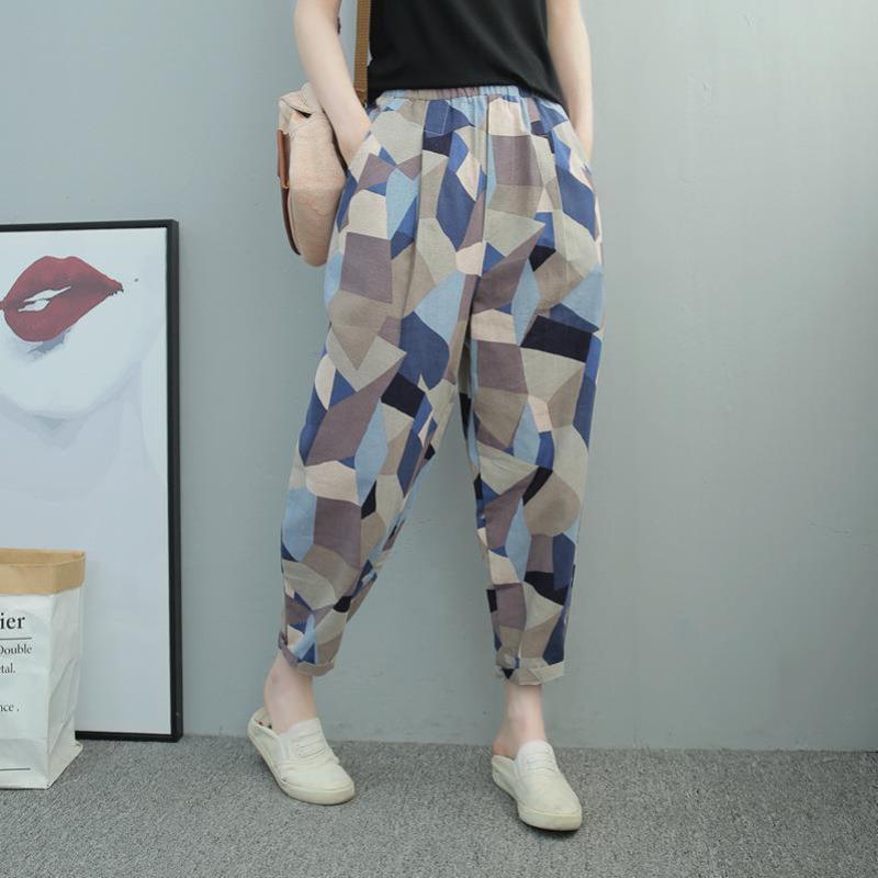 Cotton and Linen Harem Pants Women's Spring High Waist Loose Printed Carrot Pants Nine-point Plus Size Plaid Casual Pants