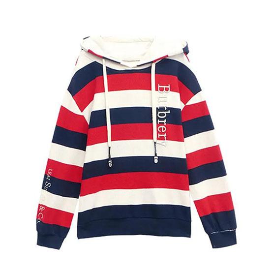 Women's Large Size Striped Hoodies Spring and Autumn Cotton Loose Coat Slim Versatile Long Sleeve Tops