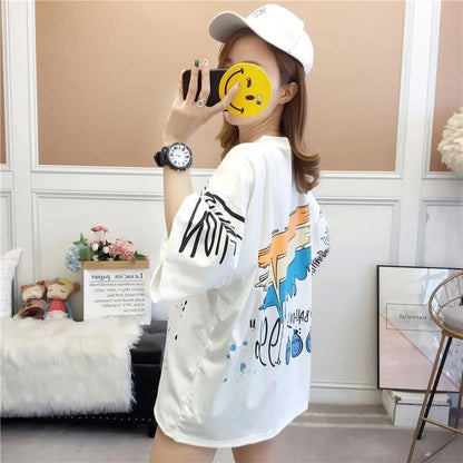 Graffiti Painting Women Dress Girl Loose O-Neck Casual Long T-shirt Dress Big Loose Home Comfort Outer Convenient