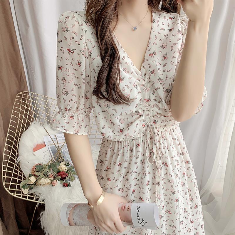Female Elegant Floral Print Holiday Dress Summer High Waist Slim Graceful Vintage Chiffon Party Dress