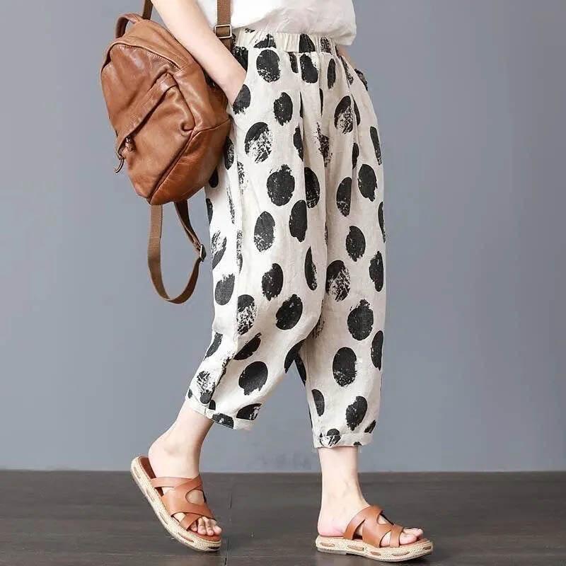 Summer Women's Thin Breathable Literary Retro Fashion Nine-point Pants Loose Cotton and Linen Sweat-absorbing Printing Large Size Harem Pants