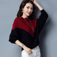 Pofulove Women Batwing Sleeve Sweater Loose Knit Pullover Sweater Female Stitching Contrast Boat Neck Jumper Tops