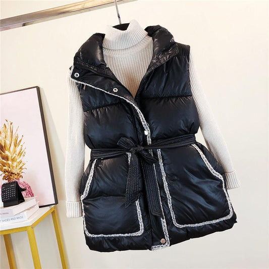 Padded Winter Vest Sleeveless Down Jackets Elegant Tie Belt Women Parkas Coats Black Beige Stand Collar Zipper Jackets and Coat