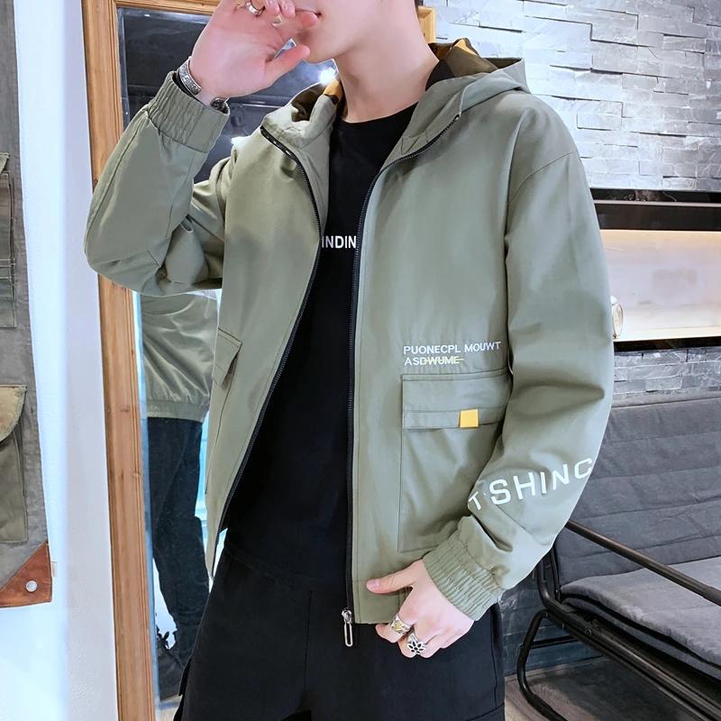 Men's Hooded Cotton Casual Jacket Spring and Autumn Zipper Jacket Korean Style Streetwear Clothes Loose Letter Printing Hood Jacket Outdoor Outfit