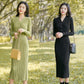 Autumn and Winter Fashion Padded V-neck Ladies Dress Mid-length Over-the-knee Bag Hip Skirt Bottoming Knit Sweater Skirt
