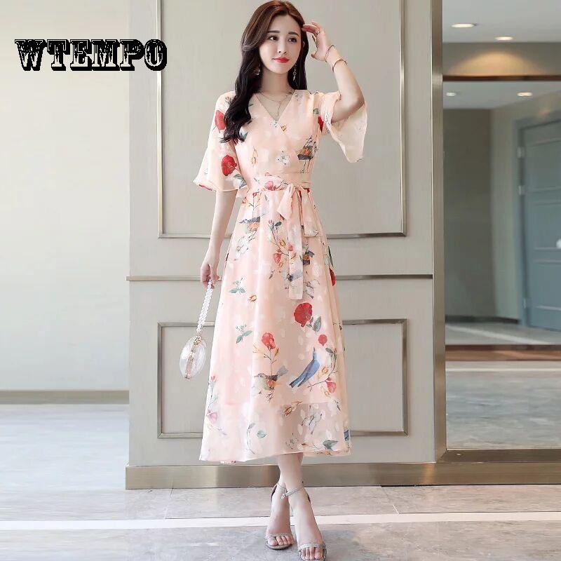 WTEMPO 2019 Boho Women V-neck Floral Print Party Dress Summer Ruffle Sleeveless Long Dress Sexy