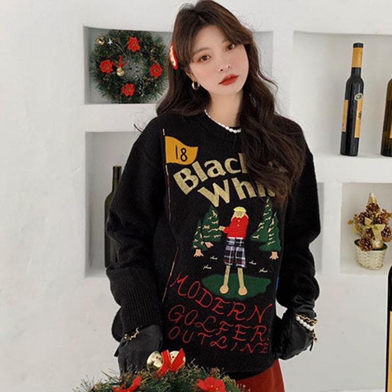 Christmas Sweater Women Fall Winter Retro Embroidery Pattern Pullover Sweater All-match Fashion Jacket Outer Wear
