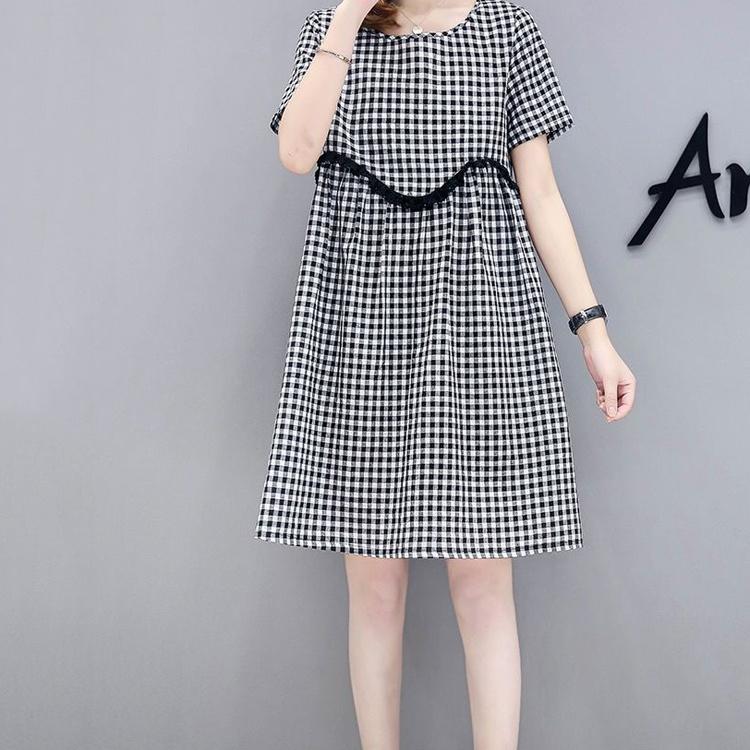 Plaid Lace Skirt S-XXXL Summer Cotton Neckline Round Short-sleeved Knee-length A-line Dress