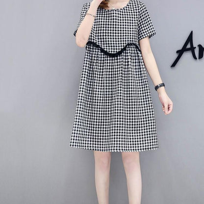 Plaid Lace Skirt S-XXXL Summer Cotton Neckline Round Short-sleeved Knee-length A-line Dress