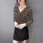 Spring and Autumn Women's Long-sleeved V-neck Slim Bottoming Shirt Printed Top