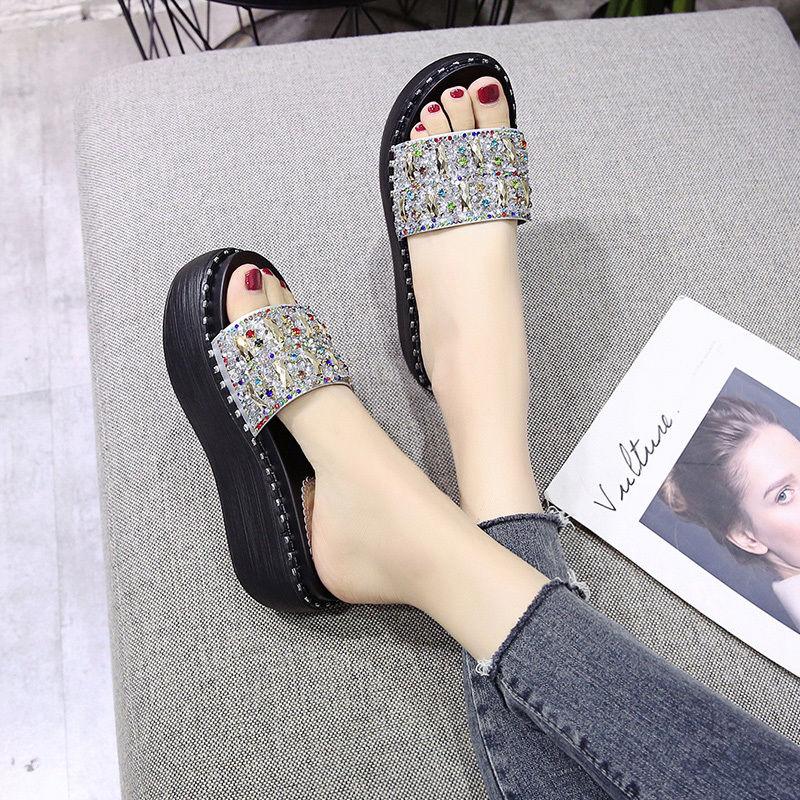 High-heeled Rhinestone Sandals and Slippers Women's Summer Wear All-match Rivets Thick-soled One-word Drag High-heeled Sandals and Crystal Sequins