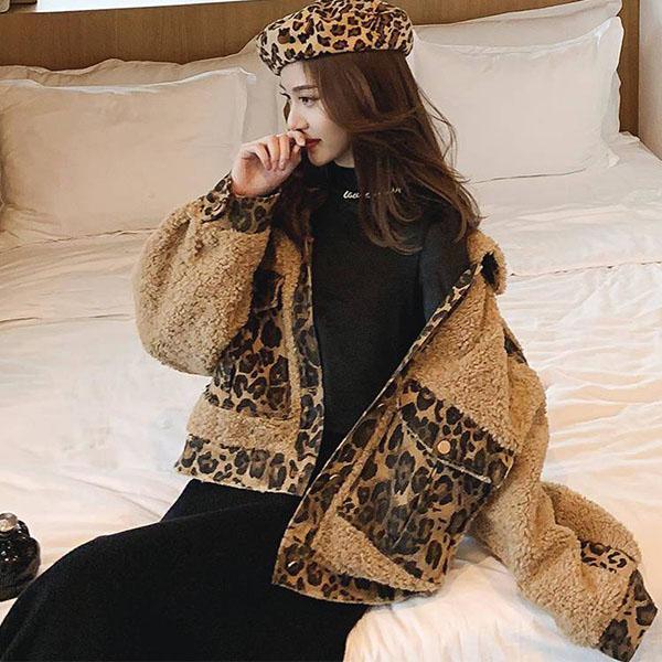 Autumn Winter Women's Loose Imitation Lambs Wool Jacket Coat Student Warmth Leopard Stitching Denim Parka