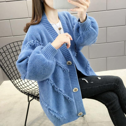 Mink Fleece Solid Color Sweater Coat Loose Knit Cardigan Top V-neck Long-sleeved Warm Sweater Coat Soft and Comfortable