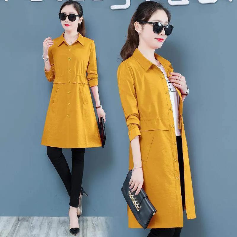 Women's Windbreaker Mid-length Spring and Autumn Solid Color Korean Version Slim Waist Tightening Large Size Slim Coat