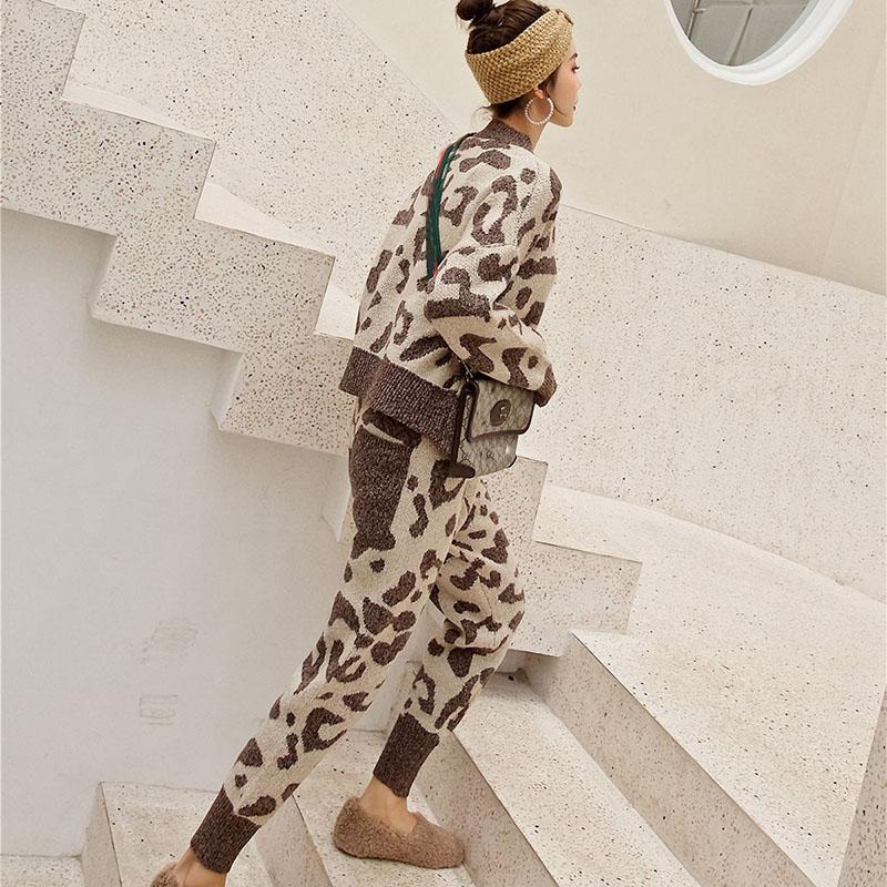 2pcs/set Women Knit Leopard Pullover Sweaters+Pants Sets Woman Fashion Jumpers Trousers 2 PCS Costumes Outfit