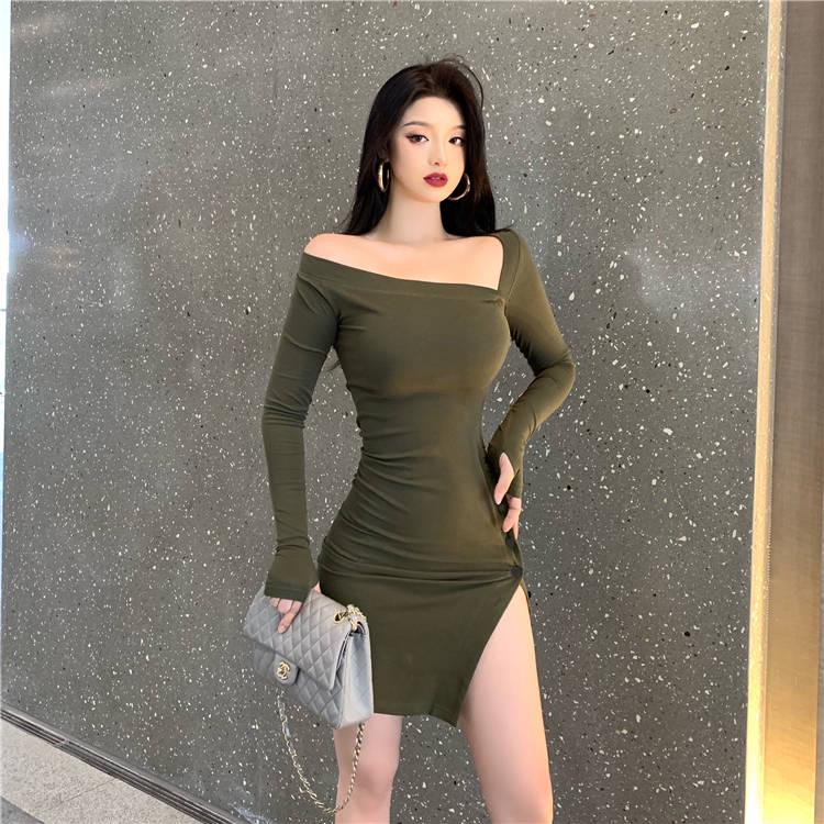Sexy Oblique Shoulder Irregular Waist Slimming Split Split Dress Female Net Red Envelope Hip Skirt