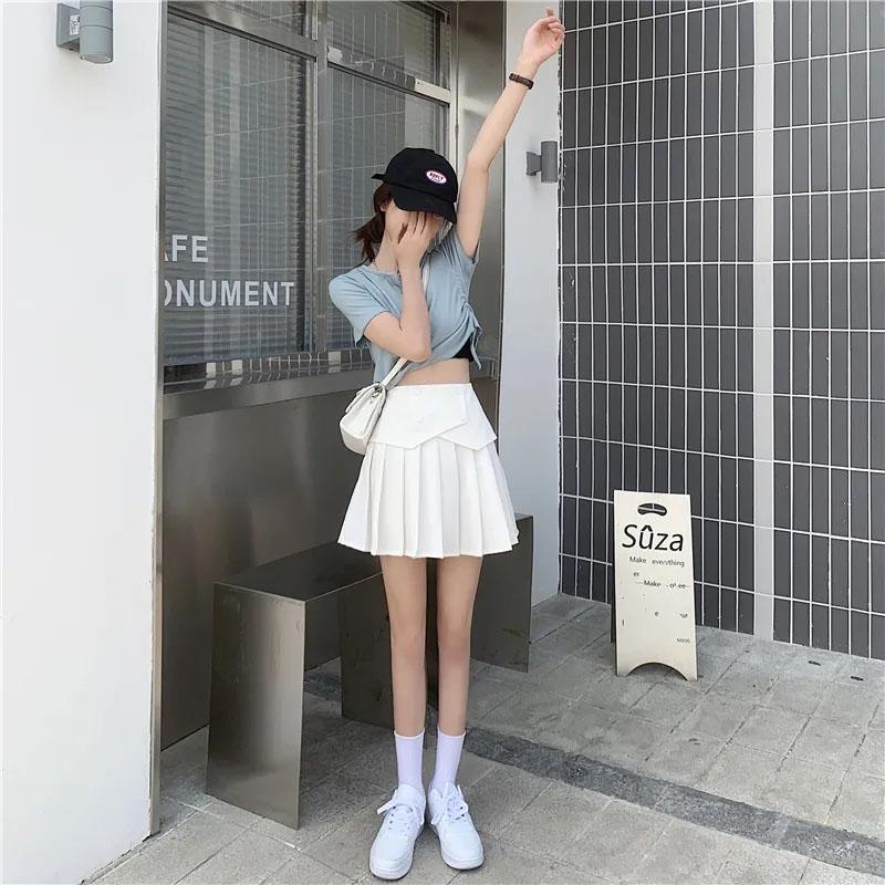 Women's Summer Pleated Skirts Button Design Irregular High Waist Slim A-line Skirts Safety Pants Lining Mini Skirts All Match Casual Tennis Skirt