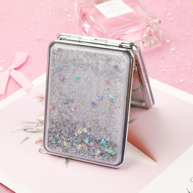 Mini Vanity Mirror Hand-held Makeup Mirror Schoolgirl Woman Flip Foldable Portable Quicksand Sequins Small Rectangle Mirror