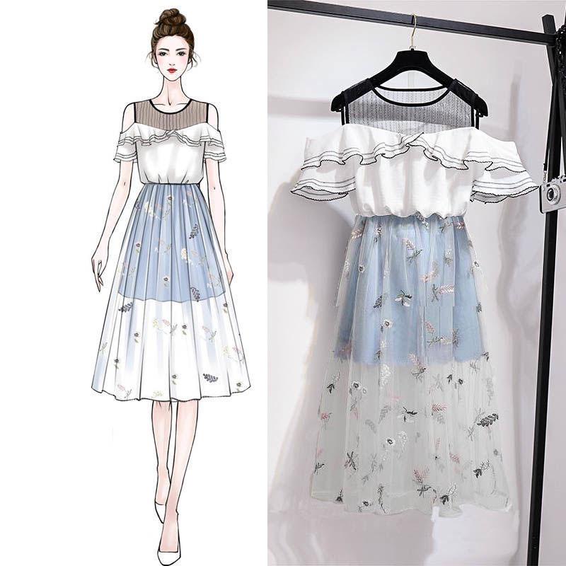 Women Skirt Set Off-shoulder Blouse Denim Stitched Mesh Skirt Two-piece Set for Party
