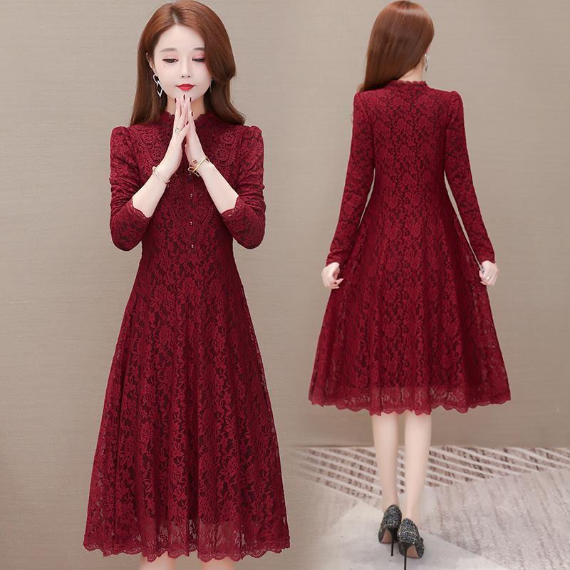 Lace Dress Autumn and Winter Temperament Long-sleeved Bottoming Skirt Waist Slim A-line Mid-length Ladies Dress