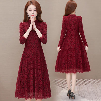 Lace Dress Autumn and Winter Temperament Long-sleeved Bottoming Skirt Waist Slim A-line Mid-length Ladies Dress