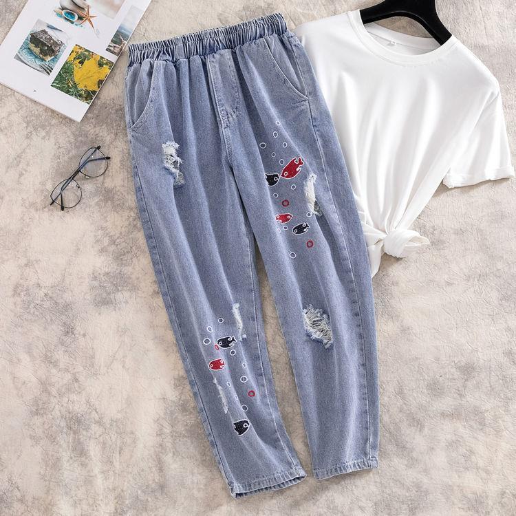 M-4XL Women's Spring Summer Print Jeans Female Autumn Loose Large Size Elastic Waist Blue Harem Pants