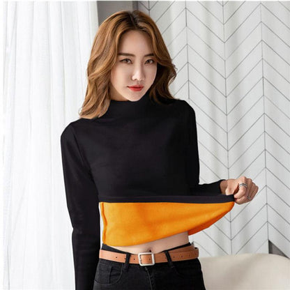 Winter Half High Neck Warm Ladies Bottoming Shirt Plus Velvet Padded Inner Long-sleeved T-shirt Top
