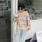 Pofulove Turtleneck Crew Neck Autumn Winter College Style Loose Long-sleeved Strip Sweater Pullover