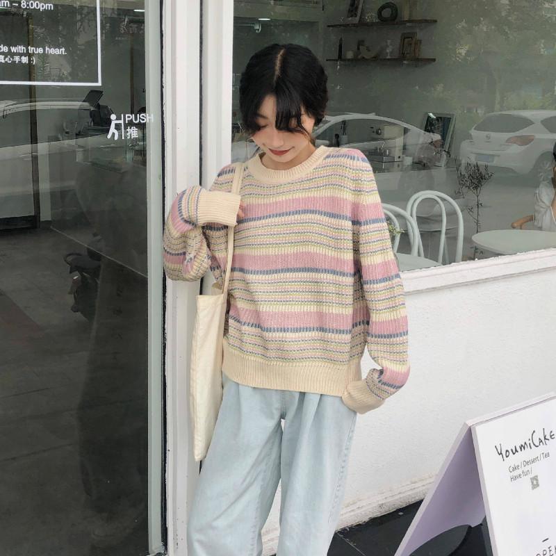 Pofulove Turtleneck Crew Neck Autumn Winter College Style Loose Long-sleeved Strip Sweater Pullover