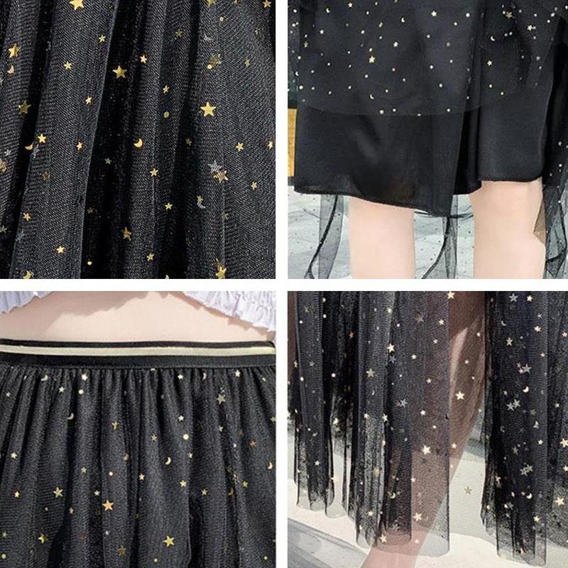 Women A-line Skirts Girls Elastic High Waist Slim Double-layered Gauze-lined Mesh Skirt Solid Color All-match Sequined Skirts