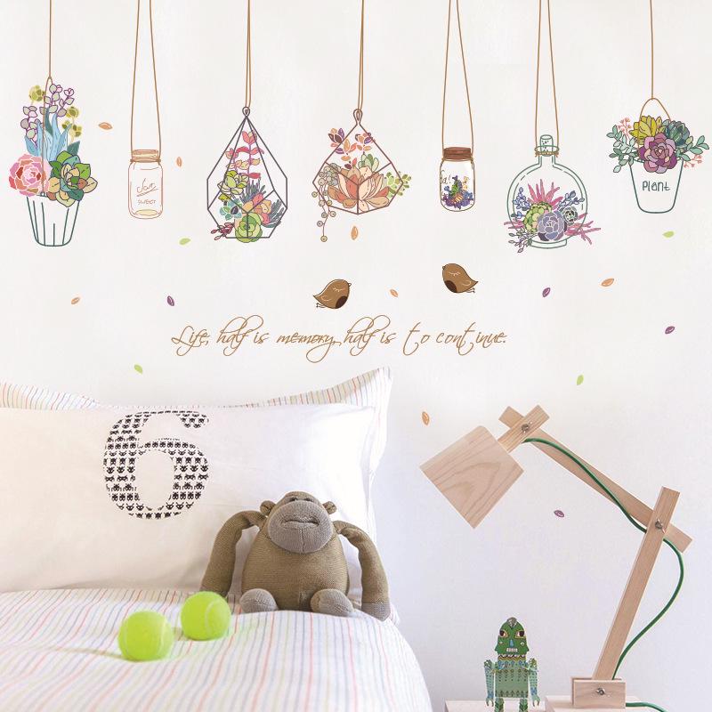 Basket potted bedroom bedside living room romantic creative PVC removable wall sticker painting