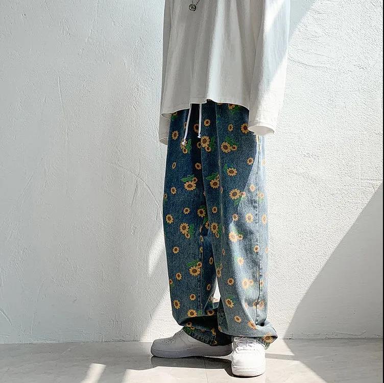 Chinese Tide Brand Denim Trousers New Sunflower Print Loose Version Men's and Women's Trend Neutral Pants