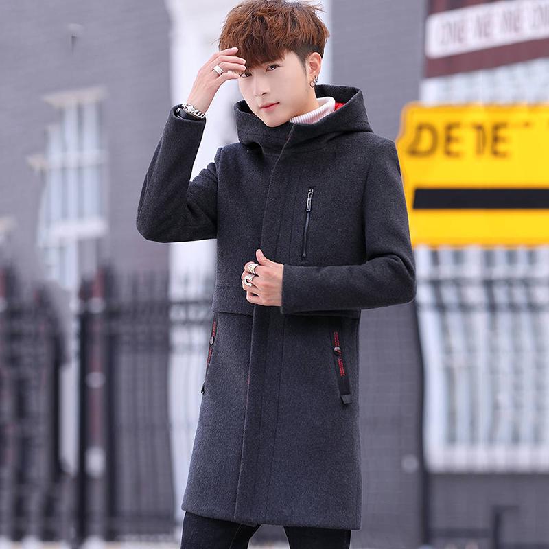 Men's Jacket 2019 Autumn Winter Trench Men Windbreaker Long Hooded Coat Wool Jacket Woolen Coat
